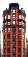 Fototapeta premium tall, historic building with intricate architectural details and striking orange facade