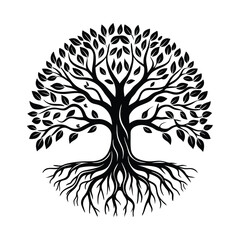 Stylized Black Tree Silhouette with Leaves and Roots Circle On Clean White Layout