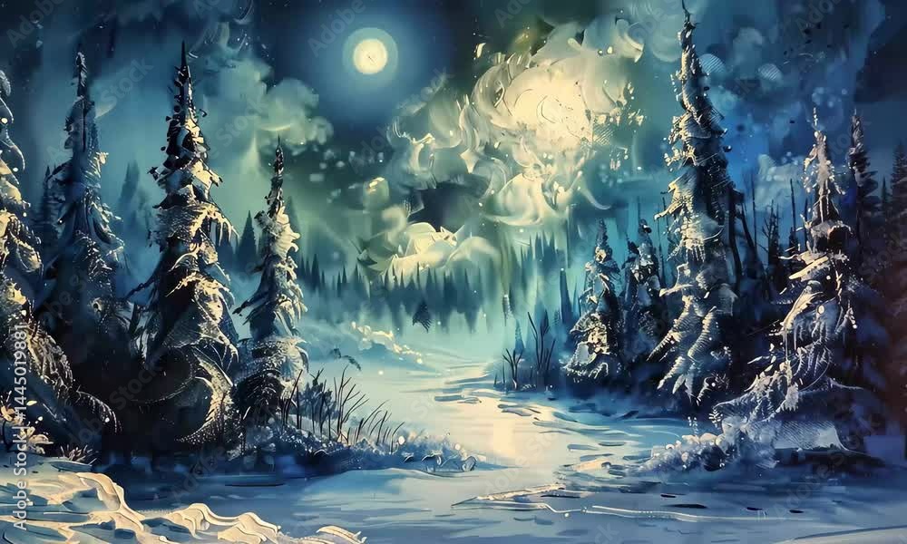 Poster snow-draped trees tower over a tranquil path illuminated by moonlight, creating a captivating atmosp