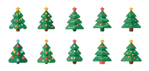 Twelve Flat Design Christmas Trees with Ornaments