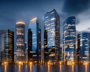Obraz premium Urban Double Exposure of Modern Architecture at Night Showcasing Glimmering Cityscape with Reflections on Water