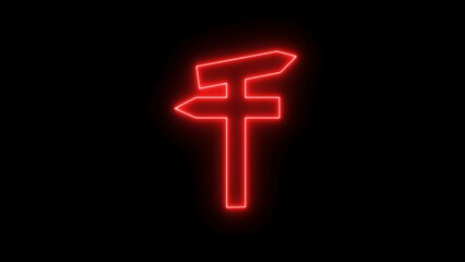 Neon road sign on black background. Minimalist signpost with blank directional arrows against bright black background.