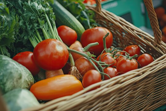 Fresh produce in a woven basket, various colorful vegetables and tomatoes fill the basket - Powered by Adobe