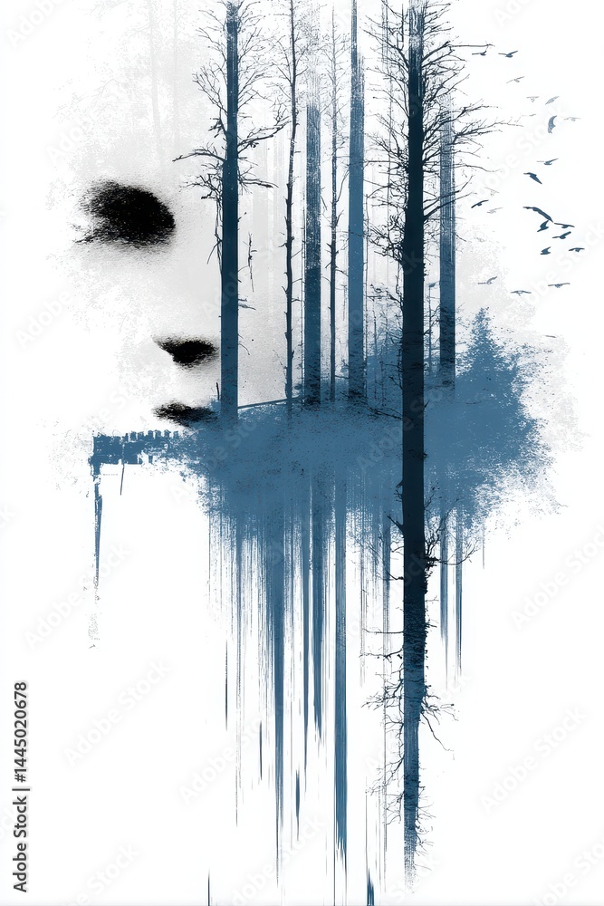 Poster urban abstract architecture double exposure with trees and birds in blues and grays showcasing uniqu