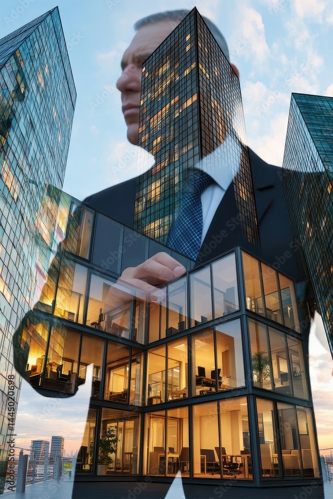 Poster abstract double exposure of urban architecture with a professional figure and modern glass buildings