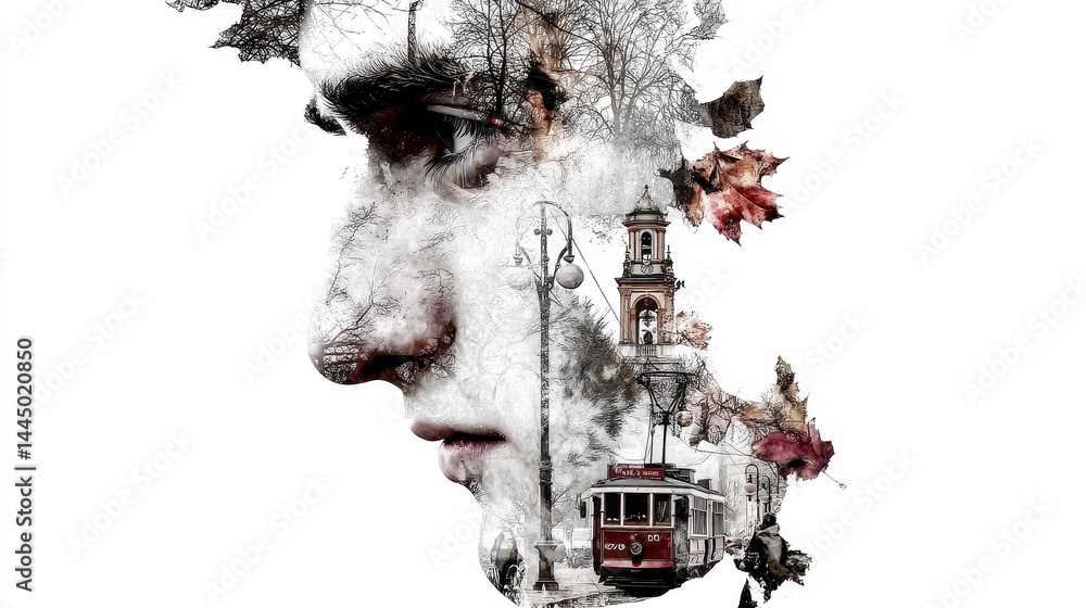 Poster urban abstract double exposure portrait featuring architecture and natural elements with delicate le