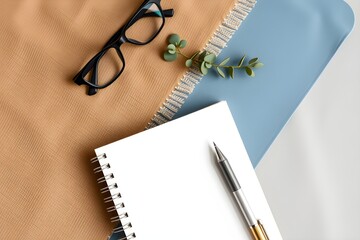 Spiral notebook with silver pen on tan and blue fabric background in a minimalist workspace scene