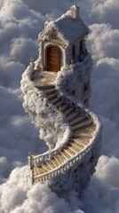 Fantasy Staircase in the Clouds Leading to Ornate Golden Door of a Dreamlike House