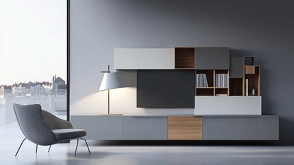 Modern grey and white entertainment center in a spacious living area.