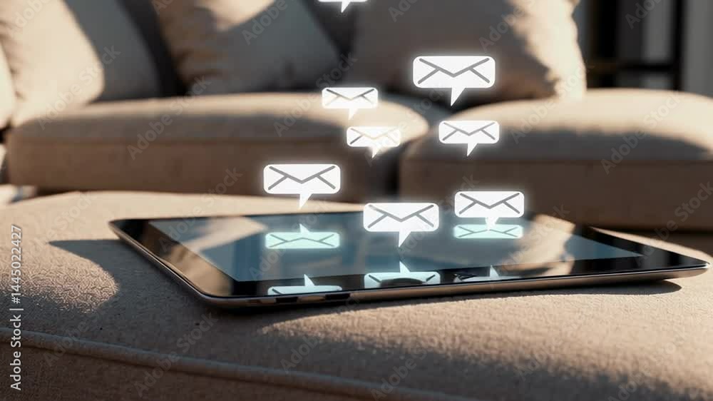 Poster Email icons floating above a digital tablet placed on a comfortable sofa, symbolizing constant communication and potential notification overload in a relaxed home environment