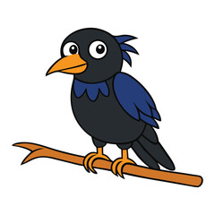 A sleek raven perched on a twisted branch, its glossy feathers shimmering in the light, gazing out with sharp, intelligent eyes amidst a quiet, misty landscape.