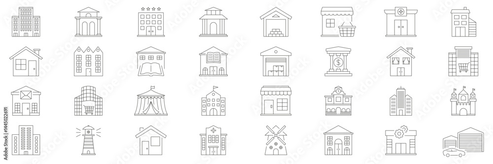 Poster building and architecture line icon set. diverse structures and landmarks outline symbol collection.