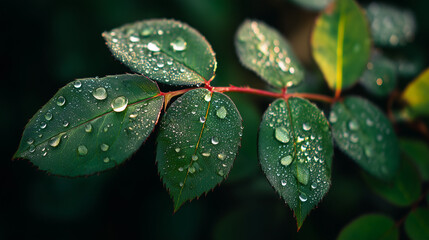 Rose Leaves with Dewdrops and Red Edges in Low Light, Macro Focus Capturing Moisture and Natural Texture