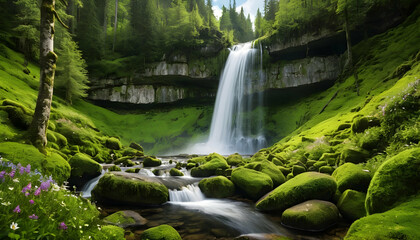 Lush waterfall cascading down mossy rocks in a vibrant green forest.  Water flows over smooth, moss-covered stones, surrounded by dense vegetation and wildflowers.