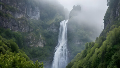 Fototapeta premium Majestic waterfall cascading down misty mountain gorge. Lush green vegetation surrounds the rocky cliffs