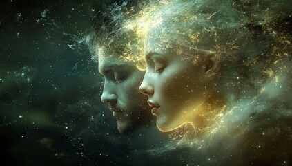 Fototapeta premium Ethereal Cosmic Embrace Golden and Green Dust Surrounds Serene Faces