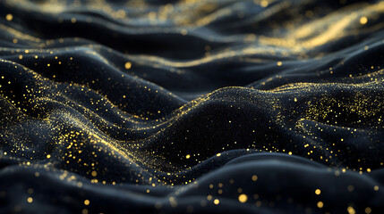 Abstract Black Sand Dune Landscape with Golden Glittering Particles Under Dramatic Lighting, Dark Elegance