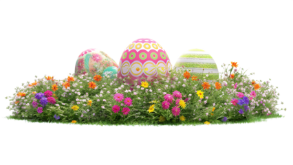 Colorful easter eggs hiding in a field of wildflowers  isolated on white background PNG