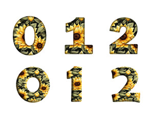 Sunflower Seamless Pattern 0, 1, 2, 3 Number letter text font  