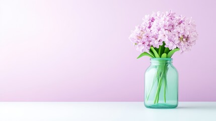 Obraz premium Pretty pink hyacinths in a teal glass vase