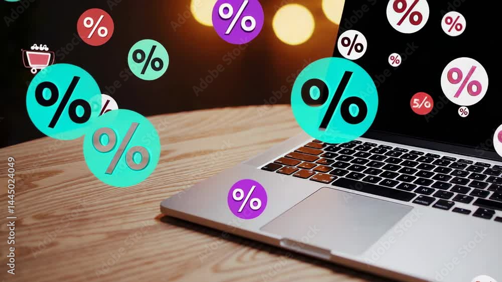 Poster vibrant discount percentage icons floating dynamically over laptop screen, symbolizing digital black