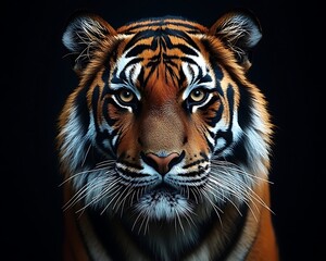 Majestic tiger portrait, intense gaze, dark background