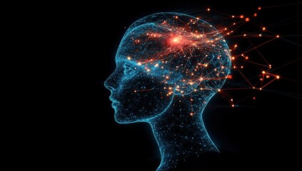 Glowing Particle Head Profile with Fiery Brain Sparks