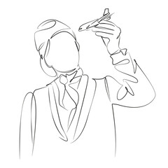 One continuous single drawing line art flat doodle transportation, travel, flight, uniform, aeroplane, woman, hostess. Isolated image hand draw contour on a white background, hand drawn, not AI