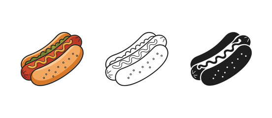 Hot Dog Variations Color Line Art and Silhouette