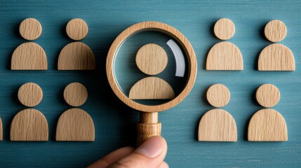 A magnifying glass focuses on one figure among several wooden representations of people, illustrating the search for suitable candidates .