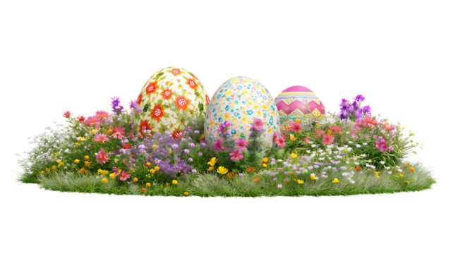 Colorful easter eggs hiding in a field of wildflowers  isolated on white background PNG