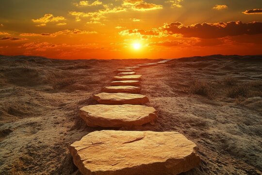 Desert pathway leading to a vibrant sunset