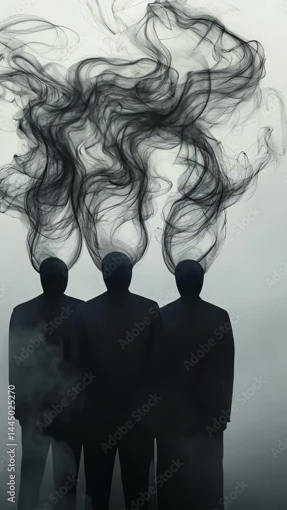 Poster black smoke emerges from the heads of three businessmen standing in the fog, creating a visual repre