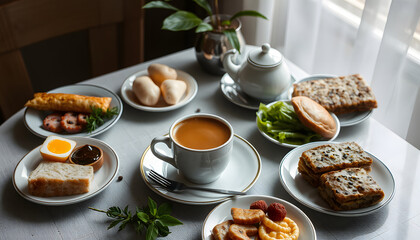Breakfast with coffee surrounded by various food, Side lit. with white shades