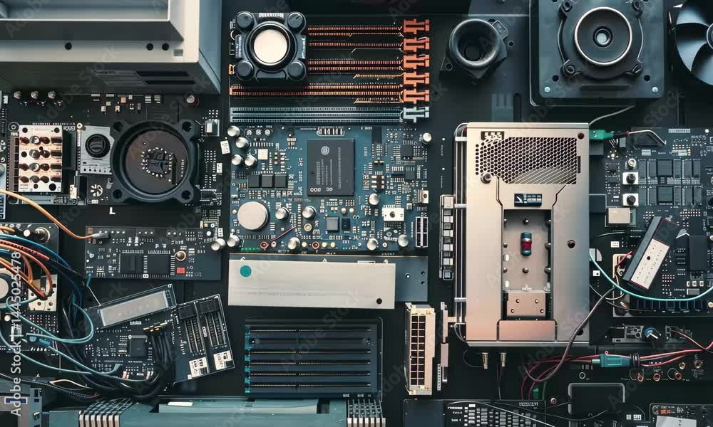 Poster complex electronic circuit boards and components are systematically organized on a workspace, highli
