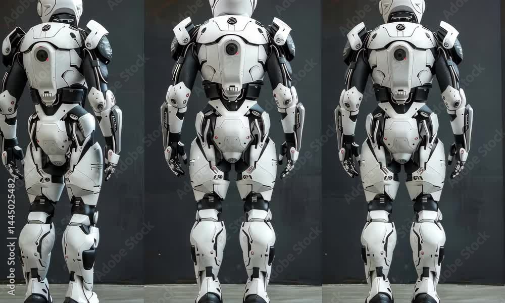 Poster a humanoid robot stands in an industrial space, presenting its sleek, futuristic design from multipl