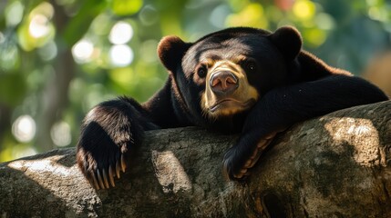 Sun bear resting on tree trunk