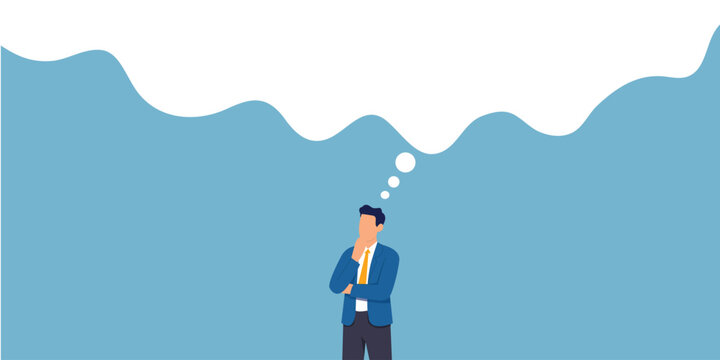 businessman with thinking cloud or bubble chat illustration, thinking of solution as thought bubble, blank cloud over head with copy space