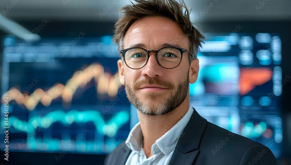 Poster a confident businessman stands in front of a digital screen displaying financial data and stock tren
