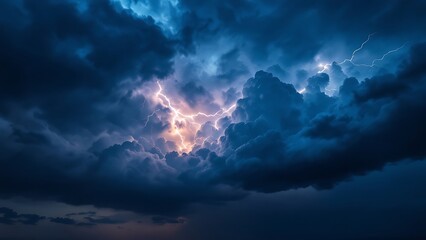 Dramatic sky filled with dark clouds and lightning bolts before a thunderstorm. Ideal for nature, disaster, or weather themes