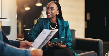 Collaboration, meeting and tablet with business woman in lobby of office for discussion or...