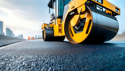 A detailed close-up of a yellow road roller compacting asphalt on a construction site, showcasing modern machinery in action.