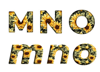 Sunflower Seamless Pattern M, N, O  word alphabet letter text english font  