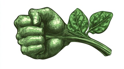 Powerful hand gripping a spinach stem