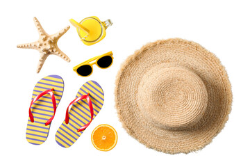 Beach setup with sunglasses, flip-flops, and hat, isolated on white, PNG