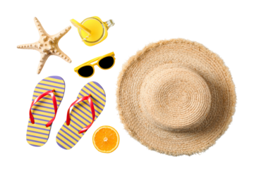 Beach setup with sunglasses, flip-flops, and hat, isolated on white, PNG