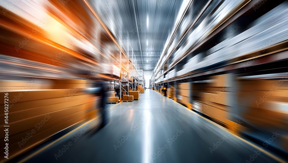 Poster a dynamic view inside a modern warehouse showcasing storage systems and busy workers, emphasizing ef