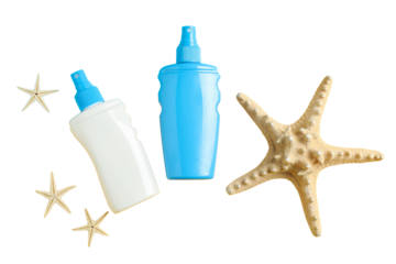 Two sunscreen bottles surrounded by starfish on a white background, isolated on white, PNG