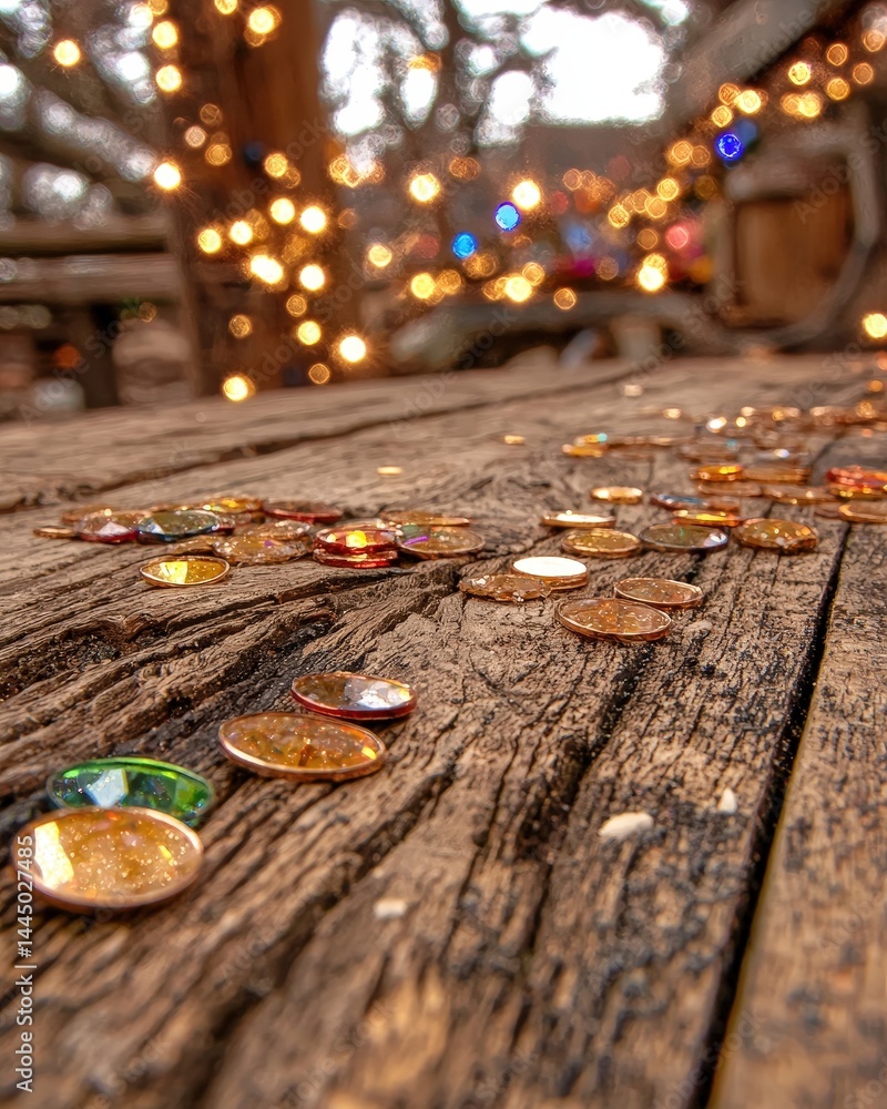 Poster rustic wooden table adorned with colorful buttons creating a playful and artistic composition