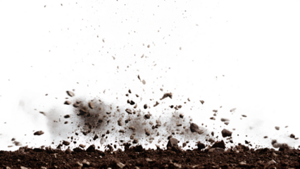 Dynamic explosion of dirt and debris isolated on white background PNG